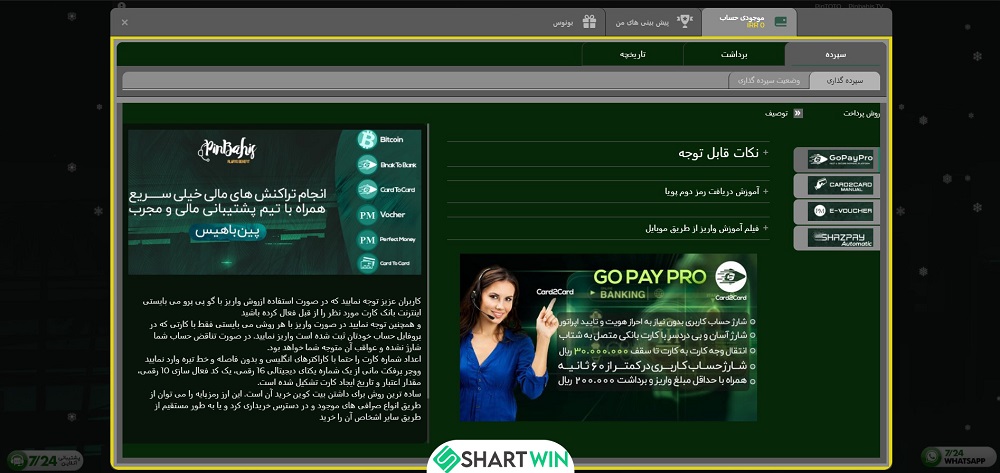 واریز و برداشت در سایت پین باهیس